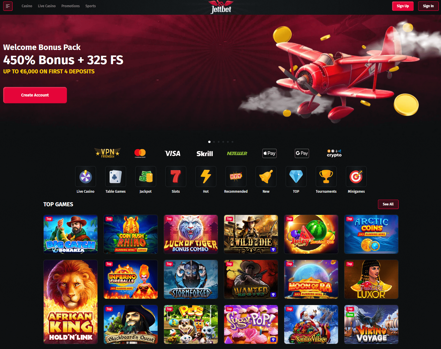 Jettbet Casino Homepage